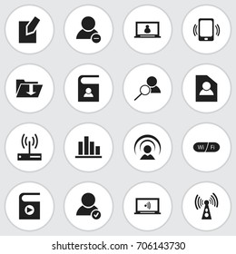 Set Of 16 Editable Icons. Includes Symbols Such As Dossier, Wifi, Magnifier And More. Can Be Used For Web, Mobile, UI And Infographic Design.