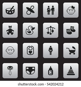 Set Of 16 Editable Infant Icons. Includes Symbols Such As Soothers, Adorn, Spoon And More. Can Be Used For Web, Mobile, UI And Infographic Design.
