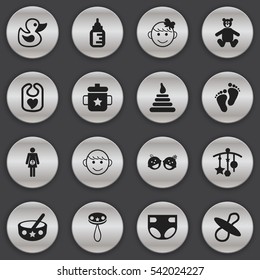 Set Of 16 Editable Infant Icons. Includes Symbols Such As Teddy, Soothers, Rattle And More. Can Be Used For Web, Mobile, UI And Infographic Design.