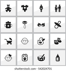 Set Of 16 Editable Infant Icons. Includes Symbols Such As Pinafore, Goplet, Nursing Bottle And More. Can Be Used For Web, Mobile, UI And Infographic Design.