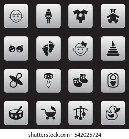 Set Of 16 Editable Infant Icons. Includes Symbols Such As Merry Children, Pregnancy, Adorn And More. Can Be Used For Web, Mobile, UI And Infographic Design.