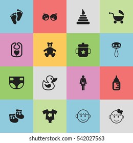 Set Of 16 Editable Infant Icons. Includes Symbols Such As Shoes For Babies, Merry Children, Twins Babies And More. Can Be Used For Web, Mobile, UI And Infographic Design.