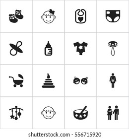 Set Of 16 Editable Infant Icons. Includes Symbols Such As Tower, Cheerful Child, Nursing Bottle And More. Can Be Used For Web, Mobile, UI And Infographic Design.