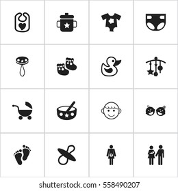 Set Of 16 Editable Infant Icons. Includes Symbols Such As Shoes For Babies, Goplet, Soothers And More. Can Be Used For Web, Mobile, UI And Infographic Design.