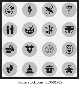 Set Of 16 Editable Infant Icons. Includes Symbols Such As Lineage, Shoes For Babies, Spoon And More. Can Be Used For Web, Mobile, UI And Infographic Design.