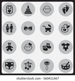 Set Of 16 Editable Infant Icons. Includes Symbols Such As Stroller, Adorn, Nappy And More. Can Be Used For Web, Mobile, UI And Infographic Design.