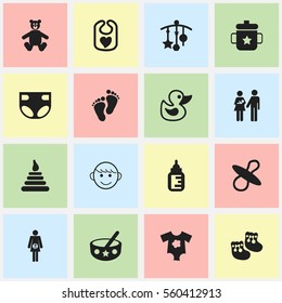 Set Of 16 Editable Infant Icons. Includes Symbols Such As Goplet, Soothers, Adorn And More. Can Be Used For Web, Mobile, UI And Infographic Design.