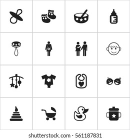 Set Of 16 Editable Infant Icons. Includes Symbols Such As Shoes For Babies, Lineage, Bath Toys And More. Can Be Used For Web, Mobile, UI And Infographic Design.