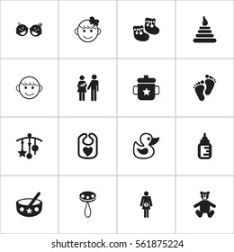 Set Of 16 Editable Infant Icons. Includes Symbols Such As Bath Toys, Shoes For Babies, Lineage And More. Can Be Used For Web, Mobile, UI And Infographic Design.