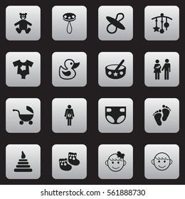 Set Of 16 Editable Infant Icons. Includes Symbols Such As Shoes For Babies, Lineage, Spoon And More. Can Be Used For Web, Mobile, UI And Infographic Design.