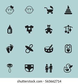 Set Of 16 Editable Infant Icons. Includes Symbols Such As Small Dresses, Teddy, Soothers And More. Can Be Used For Web, Mobile, UI And Infographic Design.