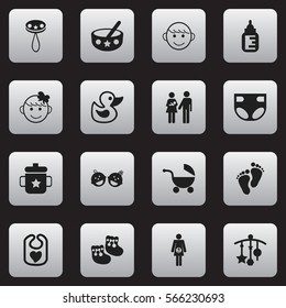 Set Of 16 Editable Infant Icons. Includes Symbols Such As Rattle, Nursing Bottle, Footmark And More. Can Be Used For Web, Mobile, UI And Infographic Design.