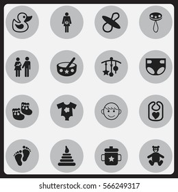 Set Of 16 Editable Infant Icons. Includes Symbols Such As Lineage, Shoes For Babies, Spoon And More. Can Be Used For Web, Mobile, UI And Infographic Design.
