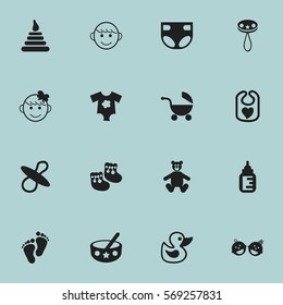 Set Of 16 Editable Infant Icons. Includes Symbols Such As Nursing Bottle, Nappy, Stroller And More. Can Be Used For Web, Mobile, UI And Infographic Design.
