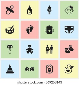 Set Of 16 Editable Infant Icons. Includes Symbols Such As Bath Toys, Rattle, Spoon And More. Can Be Used For Web, Mobile, UI And Infographic Design.