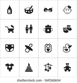 Set Of 16 Editable Infant Icons. Includes Symbols Such As Stroller, Tower, Nappy And More. Can Be Used For Web, Mobile, UI And Infographic Design.