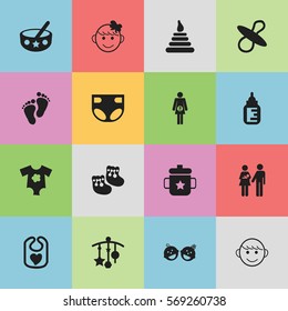 Set Of 16 Editable Infant Icons. Includes Symbols Such As Nappy, Tower, Merry Children And More. Can Be Used For Web, Mobile, UI And Infographic Design.