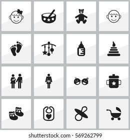 Set Of 16 Editable Infant Icons. Includes Symbols Such As Pregnancy, Twins Babies, Footmark And More. Can Be Used For Web, Mobile, UI And Infographic Design.