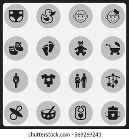 Set Of 16 Editable Infant Icons. Includes Symbols Such As Pregnancy, Merry Children, Spoon And More. Can Be Used For Web, Mobile, UI And Infographic Design.