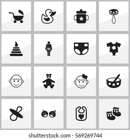 Set Of 16 Editable Infant Icons. Includes Symbols Such As Teddy, Stroller, Small Dresses And More. Can Be Used For Web, Mobile, UI And Infographic Design.