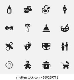 Set Of 16 Editable Infant Icons. Includes Symbols Such As Lineage, Footmark, Soothers And More. Can Be Used For Web, Mobile, UI And Infographic Design.