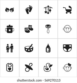 Set Of 16 Editable Infant Icons. Includes Symbols Such As Footmark, Shoes For Babies, Pinafore And More. Can Be Used For Web, Mobile, UI And Infographic Design.