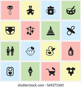 Set Of 16 Editable Infant Icons. Includes Symbols Such As Bath Toys, Adorn, Teddy And More. Can Be Used For Web, Mobile, UI And Infographic Design.
