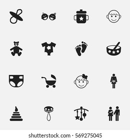 Set Of 16 Editable Infant Icons. Includes Symbols Such As Merry Children, Spoon, Nappy And More. Can Be Used For Web, Mobile, UI And Infographic Design.