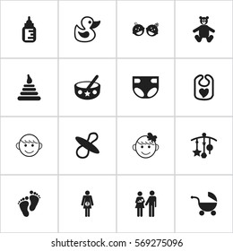 Set Of 16 Editable Infant Icons. Includes Symbols Such As Bath Toys, Cheerful Child, Soothers And More. Can Be Used For Web, Mobile, UI And Infographic Design.