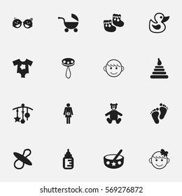 Set Of 16 Editable Infant Icons. Includes Symbols Such As Cheerful Child, Pregnancy, Soothers And More. Can Be Used For Web, Mobile, UI And Infographic Design.
