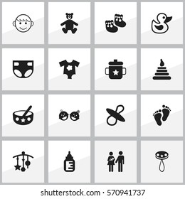 Set Of 16 Editable Infant Icons. Includes Symbols Such As Goplet, Soothers, Spoon And More. Can Be Used For Web, Mobile, UI And Infographic Design.