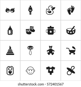 Set Of 16 Editable Infant Icons. Includes Symbols Such As Bath Toys, Merry Children, Shoes For Babies And More. Can Be Used For Web, Mobile, UI And Infographic Design.