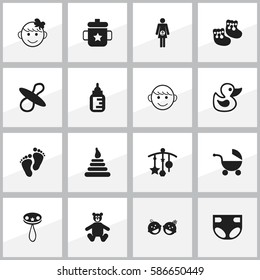 Set Of 16 Editable Infant Icons. Includes Symbols Such As Merry Children, Cheerful Child, Rattle And More. Can Be Used For Web, Mobile, UI And Infographic Design.
