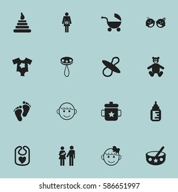 Set Of 16 Editable Infant Icons. Includes Symbols Such As Teddy, Spoon, Stroller And More. Can Be Used For Web, Mobile, UI And Infographic Design.