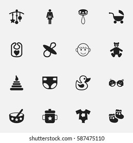 Set Of 16 Editable Infant Icons. Includes Symbols Such As Spoon, Twins Babies, Bath Toys And More. Can Be Used For Web, Mobile, UI And Infographic Design.