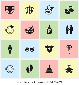 Set Of 16 Editable Infant Icons. Includes Symbols Such As Footmark, Twins Babies, Small Dresses And More. Can Be Used For Web, Mobile, UI And Infographic Design.