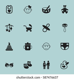Set Of 16 Editable Infant Icons. Includes Symbols Such As Tower, Pinafore, Rattle And More. Can Be Used For Web, Mobile, UI And Infographic Design.