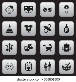Set Of 16 Editable Infant Icons. Includes Symbols Such As Lineage, Twins Babies, Adorn And More. Can Be Used For Web, Mobile, UI And Infographic Design.