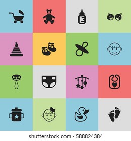Set Of 16 Editable Infant Icons. Includes Symbols Such As Goplet, Adorn, Rattle And More. Can Be Used For Web, Mobile, UI And Infographic Design.