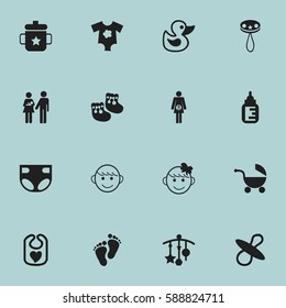 Set Of 16 Editable Infant Icons. Includes Symbols Such As Pinafore, Adorn, Small Dresses And More. Can Be Used For Web, Mobile, UI And Infographic Design.