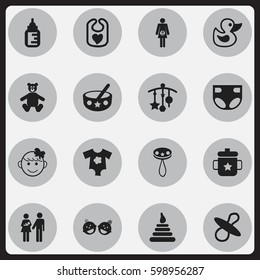 Set Of 16 Editable Infant Icons. Includes Symbols Such As Lineage, Twins Babies, Soothers And More. Can Be Used For Web, Mobile, UI And Infographic Design.