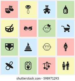 Set Of 16 Editable Infant Icons. Includes Symbols Such As Teddy, Nursing Bottle, Lineage And More. Can Be Used For Web, Mobile, UI And Infographic Design.
