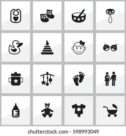 Set Of 16 Editable Infant Icons. Includes Symbols Such As Twins Babies, Rattle, Bath Toys And More. Can Be Used For Web, Mobile, UI And Infographic Design.