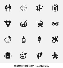 Set Of 16 Editable Infant Icons. Includes Symbols Such As Bath Toys, Adorn, Small Dresses And More. Can Be Used For Web, Mobile, UI And Infographic Design.