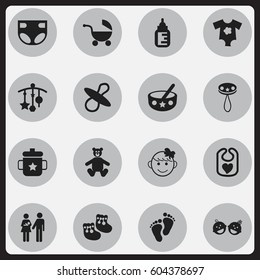 Set Of 16 Editable Infant Icons. Includes Symbols Such As Teddy, Shoes For Babies, Soothers And More. Can Be Used For Web, Mobile, UI And Infographic Design.