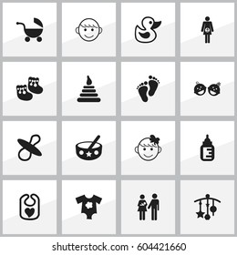 Set Of 16 Editable Infant Icons. Includes Symbols Such As Pregnancy, Soothers, Cheerful Child And More. Can Be Used For Web, Mobile, UI And Infographic Design.