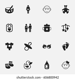Set Of 16 Editable Infant Icons. Includes Symbols Such As Merry Children, Pinafore, Spoon And More. Can Be Used For Web, Mobile, UI And Infographic Design.
