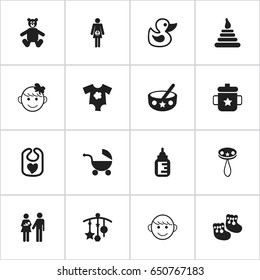 Set Of 16 Editable Infant Icons. Includes Symbols Such As Small Dresses, Goplet, Stroller And More. Can Be Used For Web, Mobile, UI And Infographic Design.