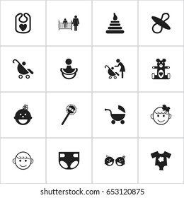 Set Of 16 Editable Infant Icons. Includes Symbols Such As Tower, Nappy, Soothers And More. Can Be Used For Web, Mobile, UI And Infographic Design.