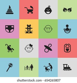 Set Of 16 Editable Infant Icons. Includes Symbols Such As Nappy, Nipple, Stroller And More. Can Be Used For Web, Mobile, UI And Infographic Design.